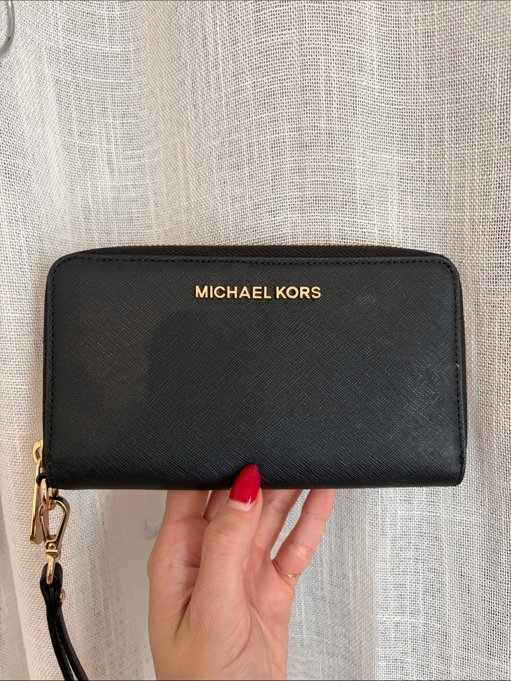 Michael Kors Black Saffiano Zip Card Holder with Gold Hardware